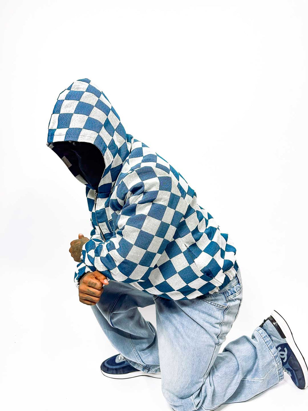 Level the Playing Field - Tapestry Hoodie - Blue and White Chessboard Pattern