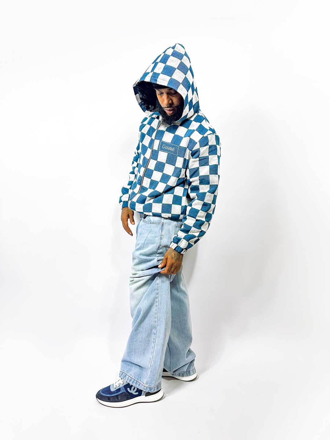 Level the Playing Field - Tapestry Hoodie - Blue and White Chessboard Pattern